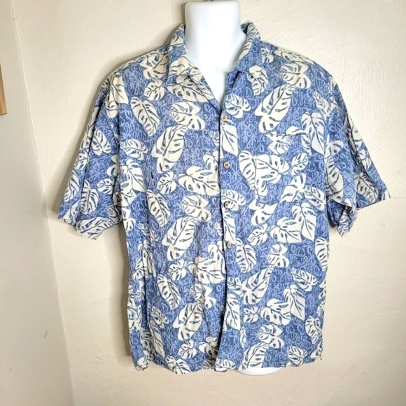 Op Tropical Palm Leaves Hawaiian Print Camp Shirt Men's Large Blue - Picture 1 of 11
